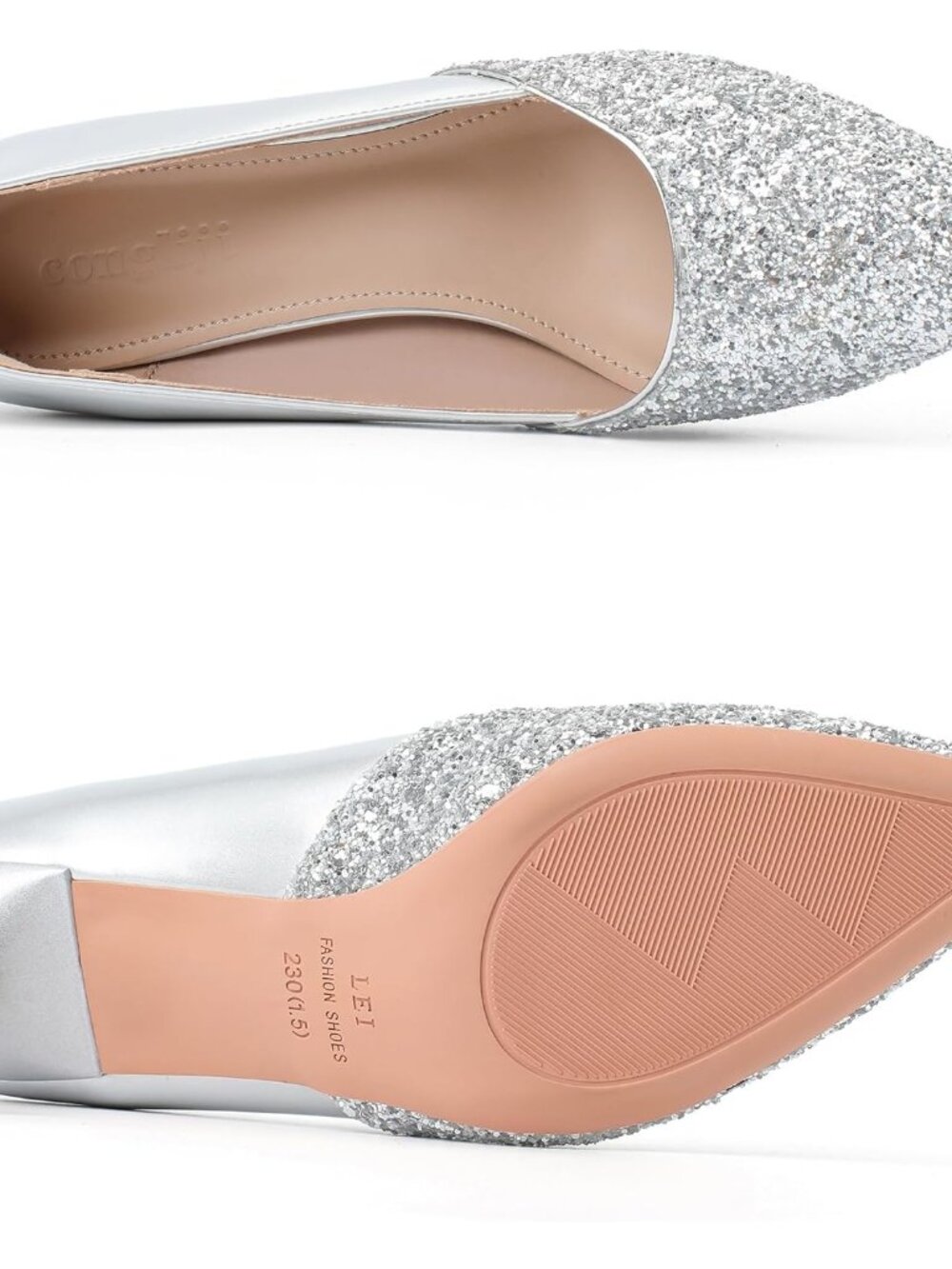 Women's Silver Kitten High Heels 2 Inch Sequin Pointed Toe Leather Pumps Shoes - Picture 4 of 6